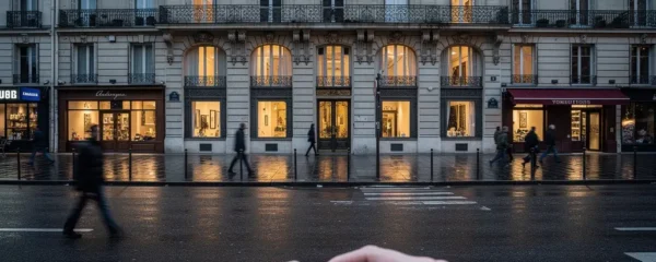 Façade haussmannienne typique du 8ème arrondissement parisien au crépuscule, lumières chaudes aux fenêtres