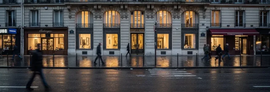 Façade haussmannienne typique du 8ème arrondissement parisien au crépuscule, lumières chaudes aux fenêtres