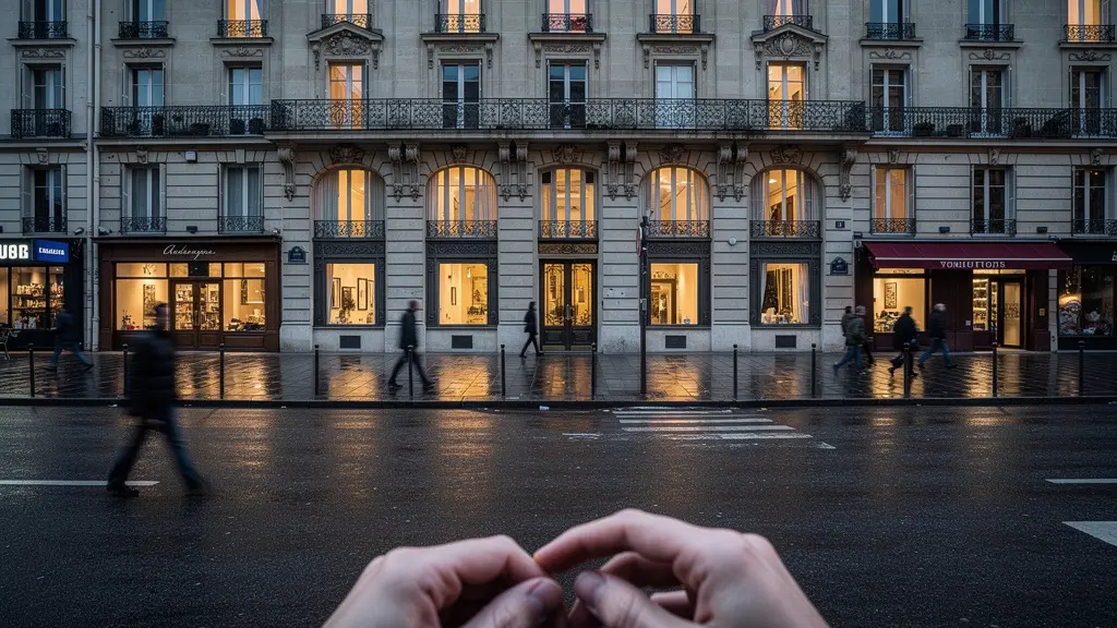 Façade haussmannienne typique du 8ème arrondissement parisien au crépuscule, lumières chaudes aux fenêtres