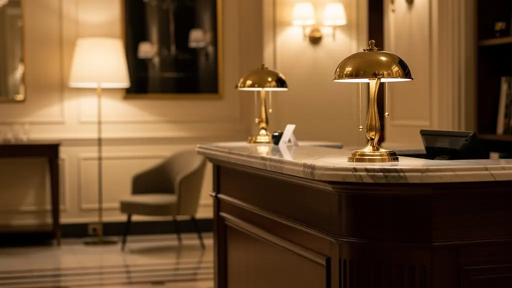 Réception d'hôtel parisien classique avec comptoir élégant et boiseries, ambiance tamisée