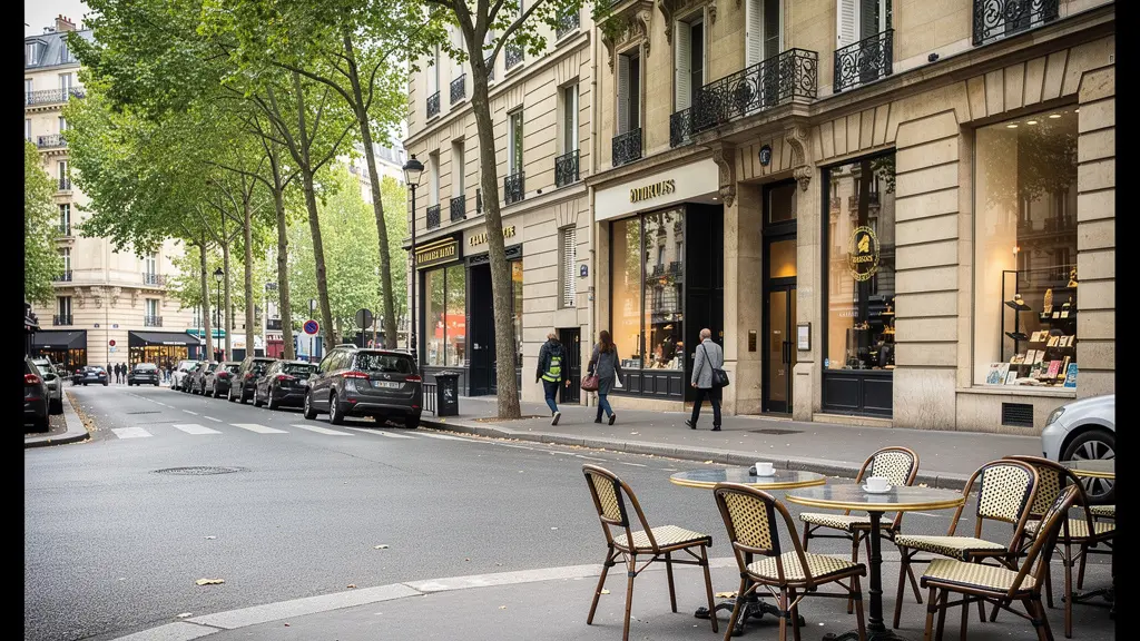 Rue calme du quartier Madeleine un matin de semaine, terrasse de café et boutiques