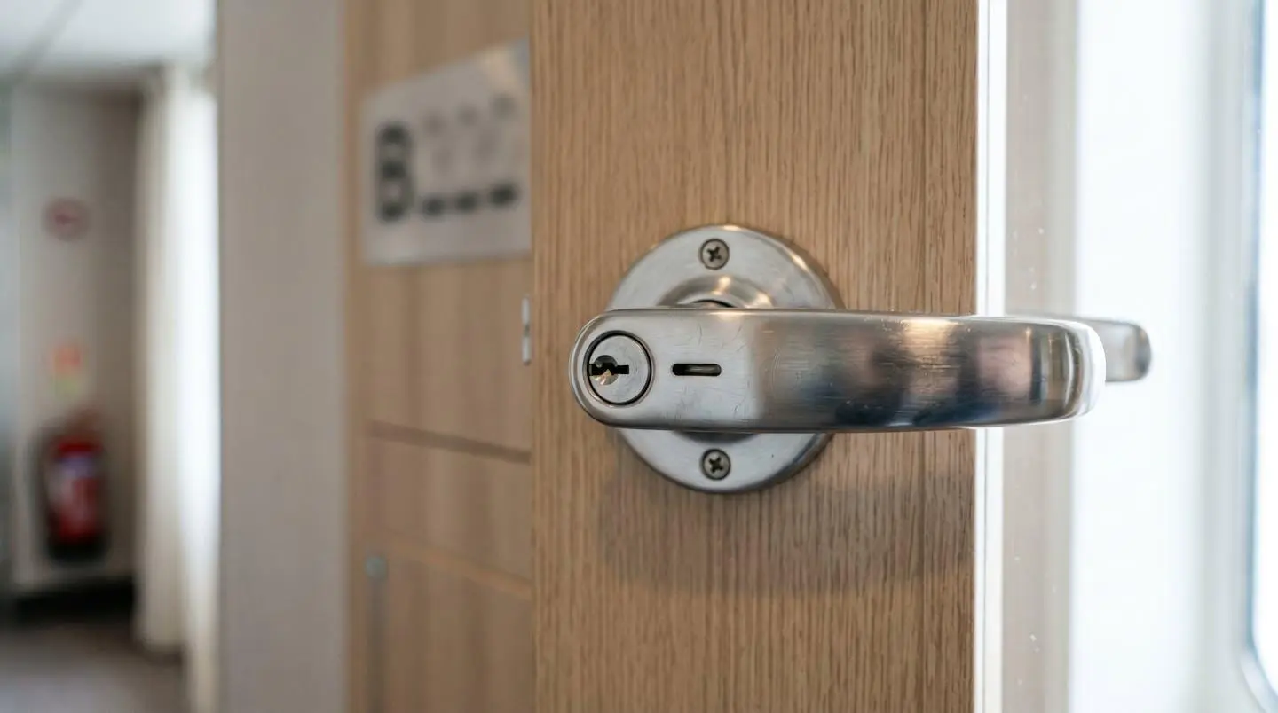 Gros plan sur une poignée de porte chromée moderne de cabine de ferry avec un numéro de cabine flouté visible sur la paroi
