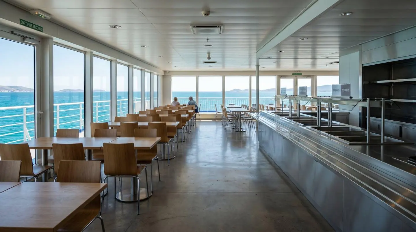 Salle de restaurant self-service de ferry moderne vide avec tables propres, comptoirs de service en inox et grandes baies vitrées offrant une vue sur la mer Méditerranée