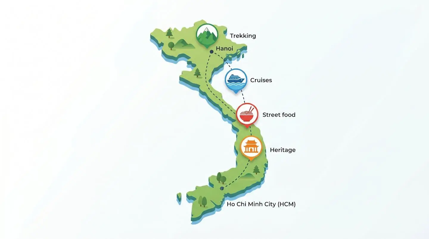 Carte isométrique du Vietnam avec des icônes représentant trek, croisière, street food et patrimoine.