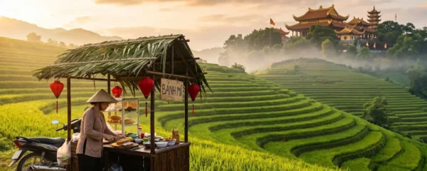 Vue panoramique d'une rizière en terrasses au Vietnam avec un vendeur de street food et un temple en arrière-plan.