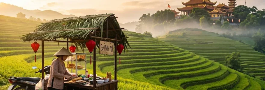 Vue panoramique d'une rizière en terrasses au Vietnam avec un vendeur de street food et un temple en arrière-plan.