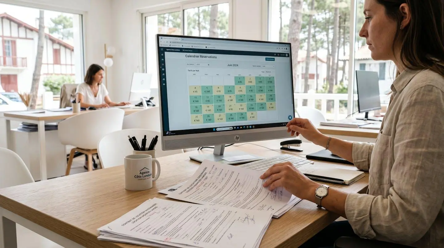 Écran d'ordinateur dans une agence immobilière montrant un calendrier de réservation avec grille tarifaire mensuelle, mains d'un professionnel consultant les plannings