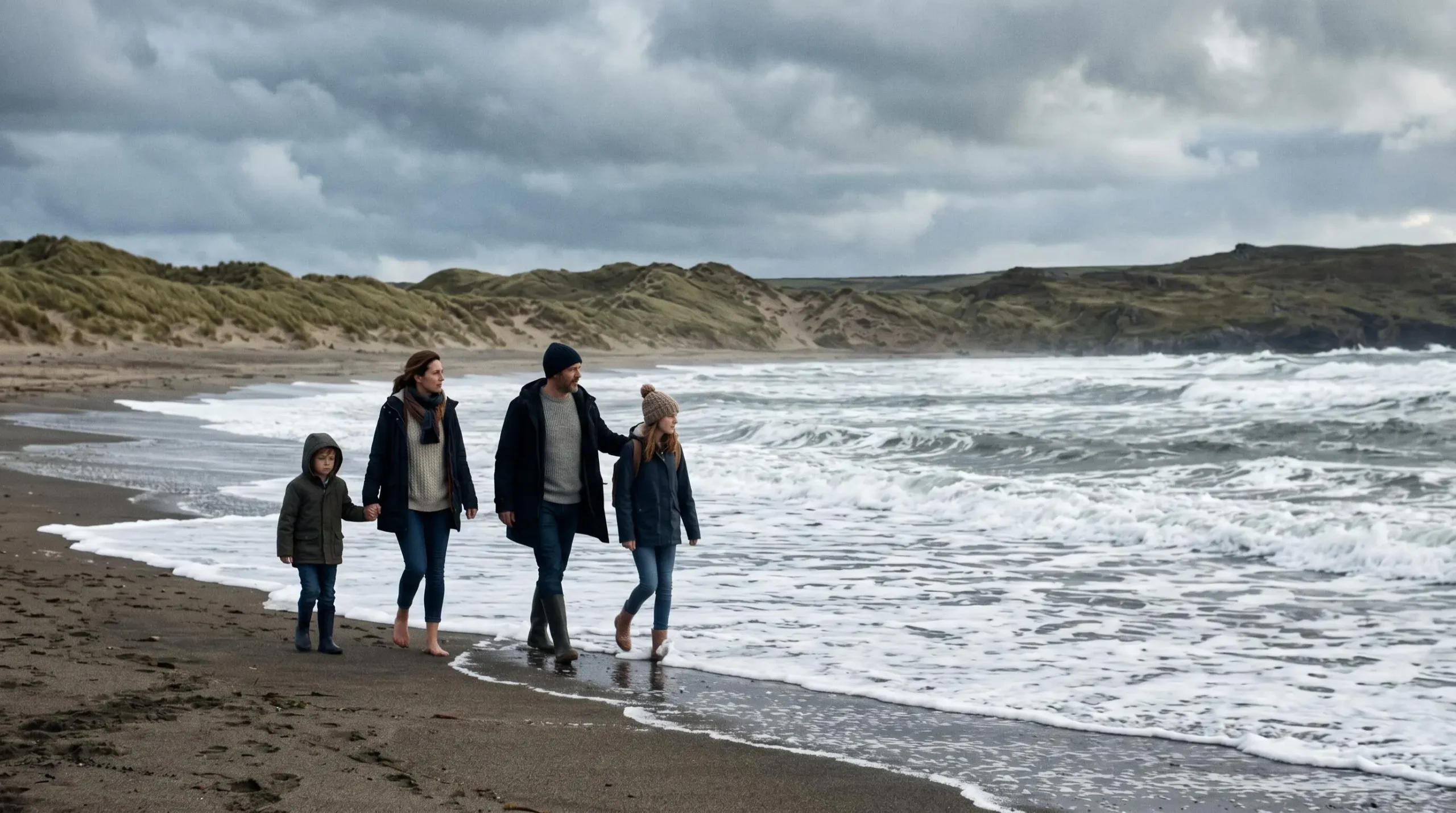 Famille marchant sur une plage landaise en automne, hors affluence touristique, vent dans les cheveux