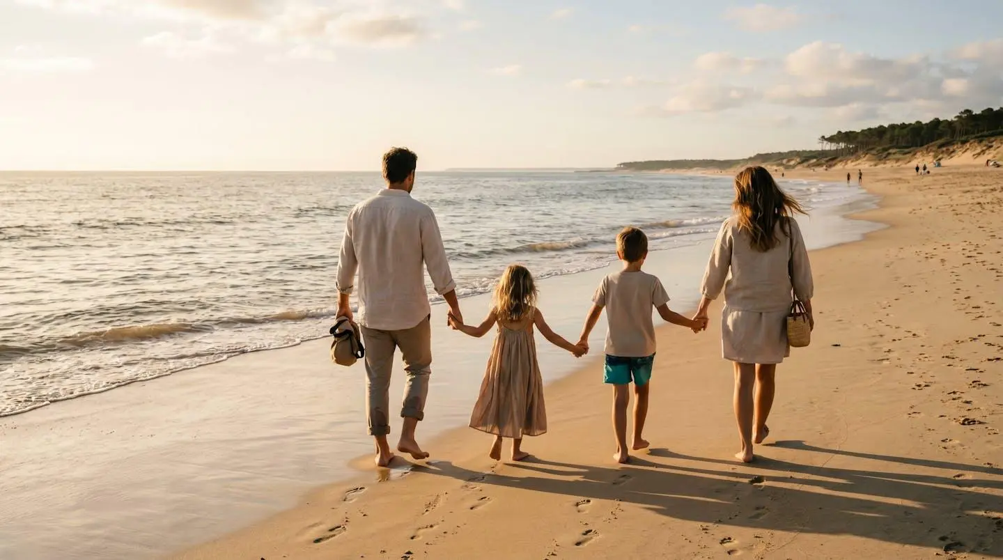 Famille de quatre marchant pieds nus sur une plage landaise peu fréquentée en fin d'après-midi de septembre, océan Atlantique calme, lumière dorée