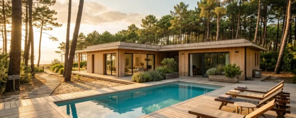 Villa contemporaine avec piscine privée et terrasse bois sur la côte landaise, entourée de pins maritimes, lumière dorée de fin d'après-midi, cadre paisible et désert