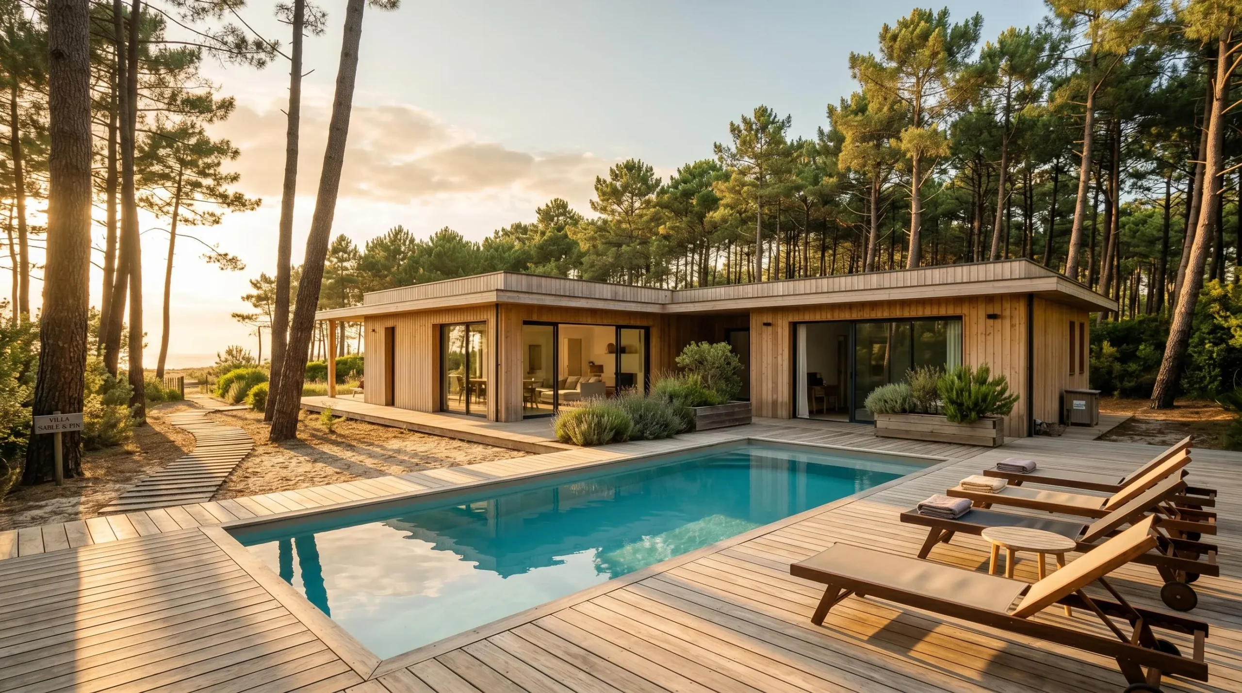 Villa contemporaine avec piscine privée et terrasse bois sur la côte landaise, entourée de pins maritimes, lumière dorée de fin d'après-midi, cadre paisible et désert
